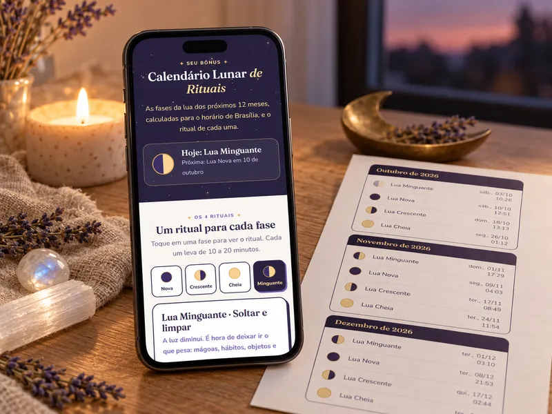 Calendário Lunar de Rituais aberto no celular, com a lista de meses impressa